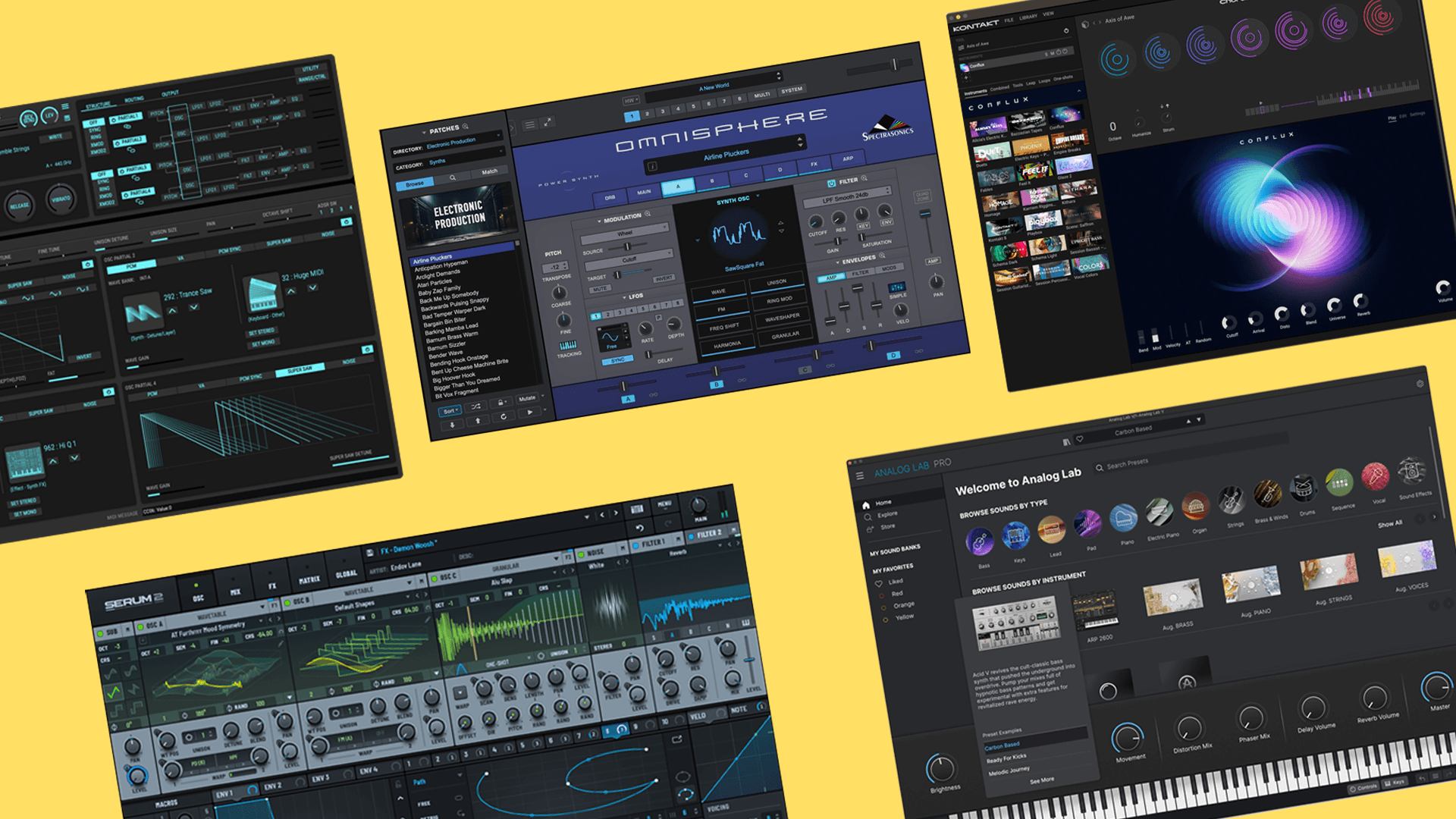 File photos of plugins including Zenology, Omnisphere 3, Serum 2, Kontakt 8, and Analog Lab