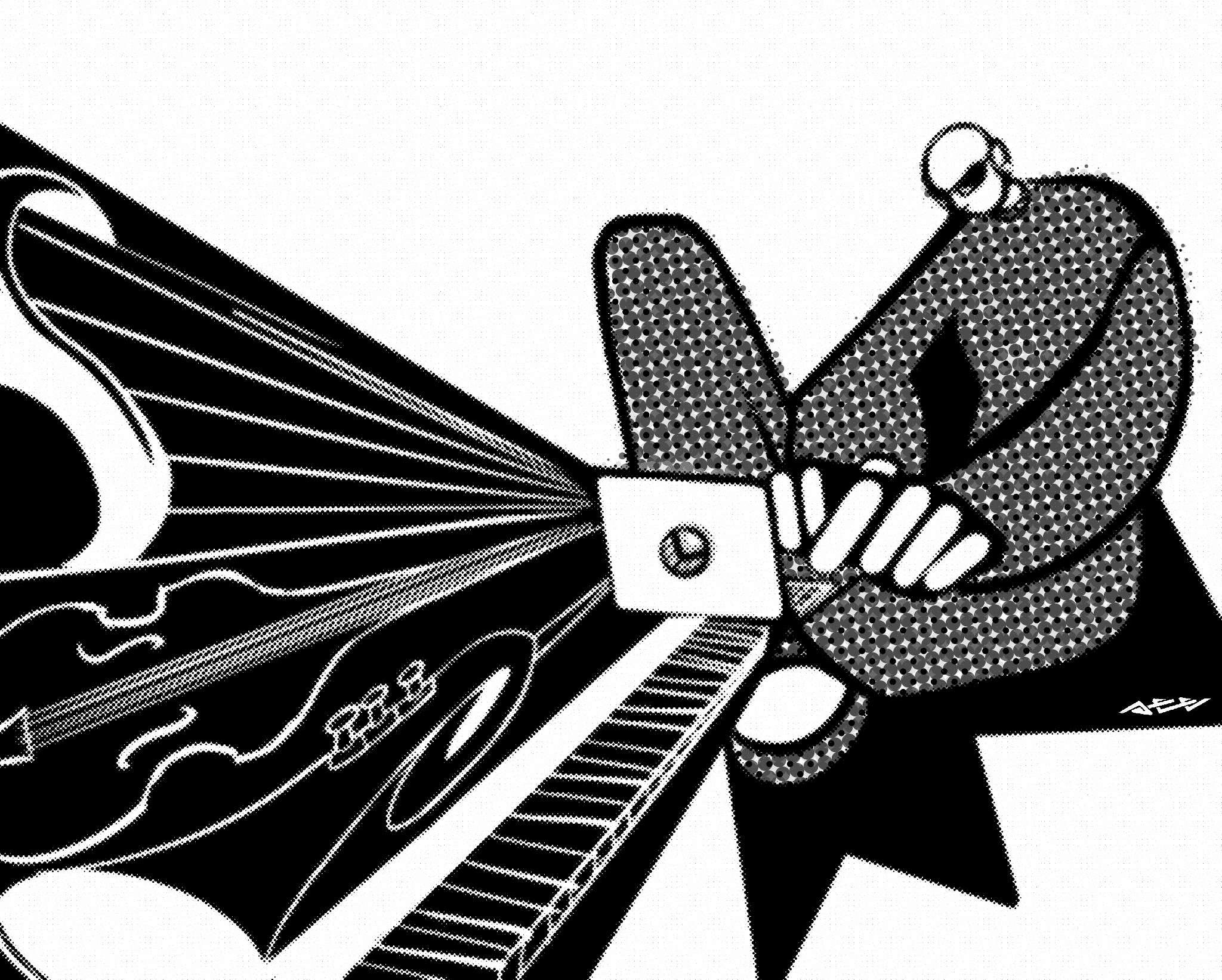 Black & white cover art depicting orchestral instruments flowing out from a laptop with the Lucid Monday logo.